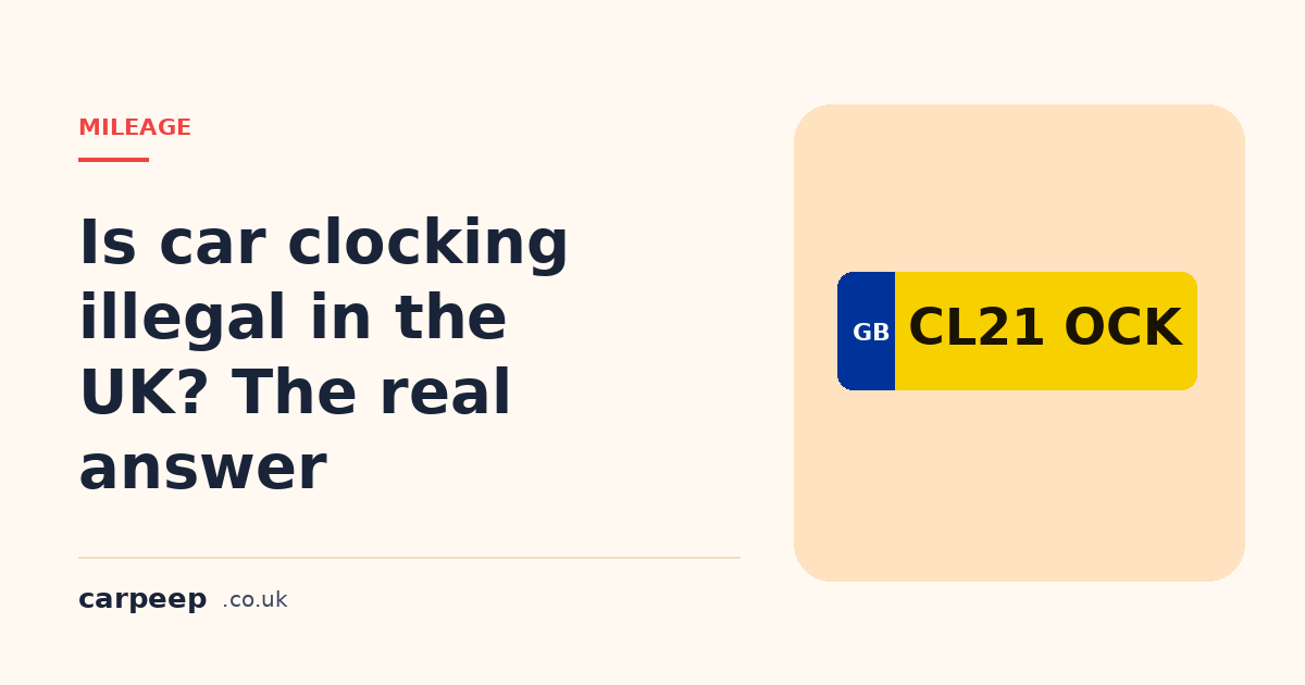A UK car dashboard mileage display beside a sales invoice, illustrating the legal position on car clocking.