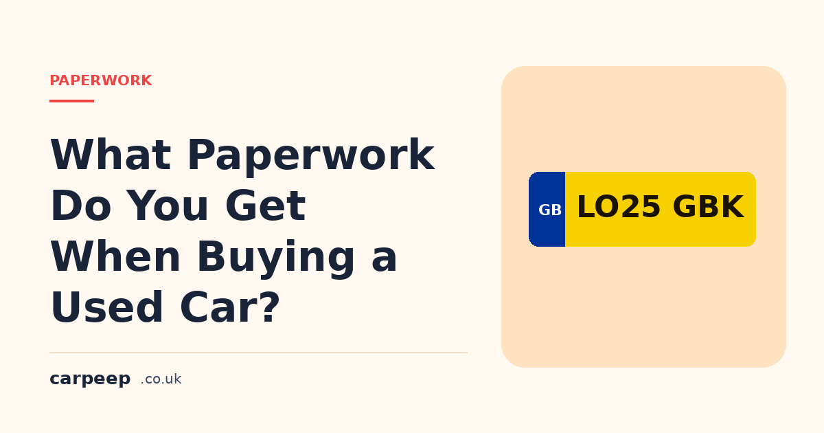A folder of used car paperwork spread on a bonnet: V5C logbook, MOT certificate, service book and two keys.