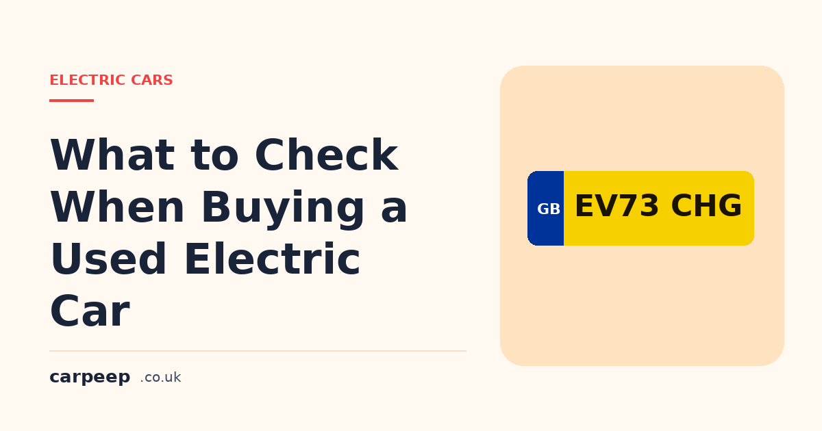 A used electric hatchback plugged into a home wall charger on a driveway while a buyer inspects the charging port.