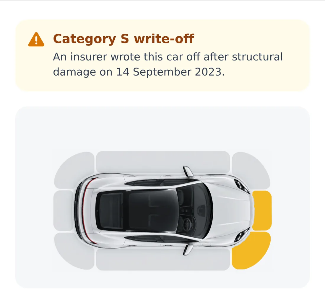 The Accident history section of an example report: a Category S write-off with its date and a diagram of the damaged areas.
