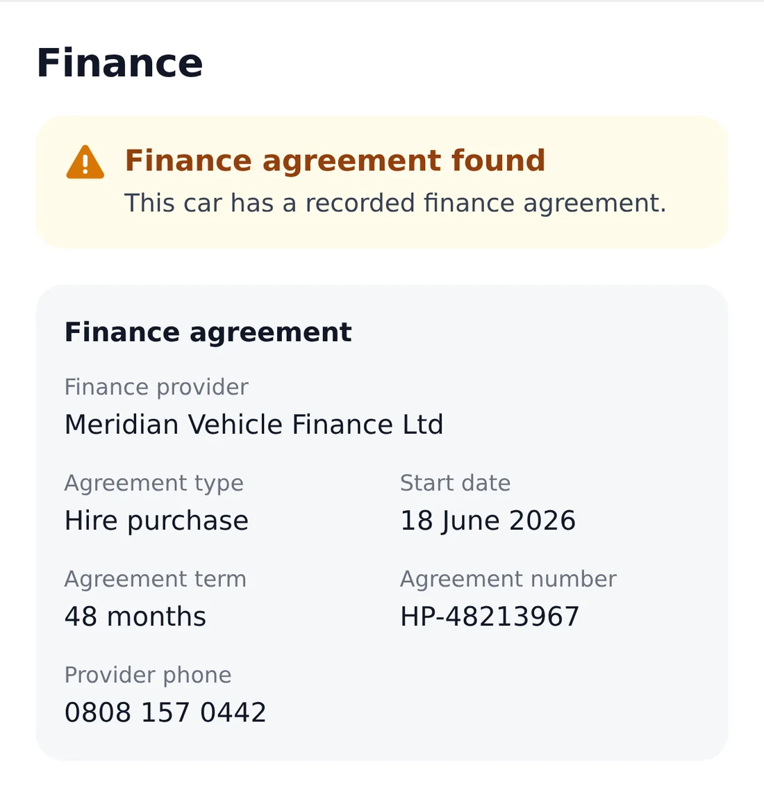 The Finance section of an example report: a hire purchase agreement found, with the finance company, start date, term and phone number.