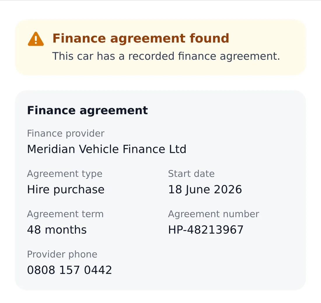 The Finance section of an example report: a hire purchase agreement found, with the finance company, start date, term and phone number.