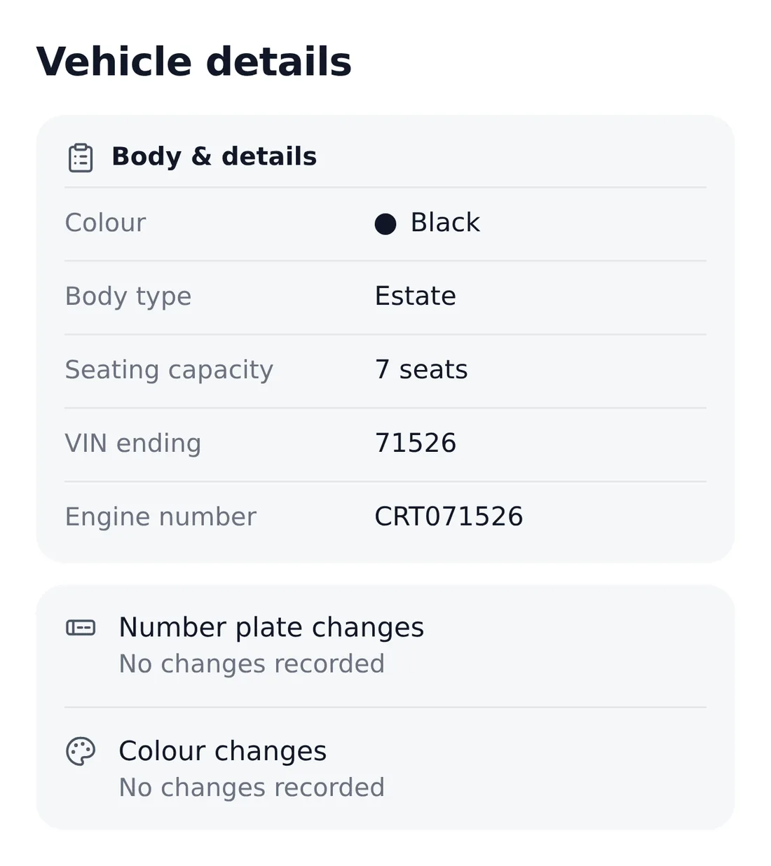 Vehicle details from an example report: colour, body, seats, the end of the VIN, the engine number, and plate and colour changes.