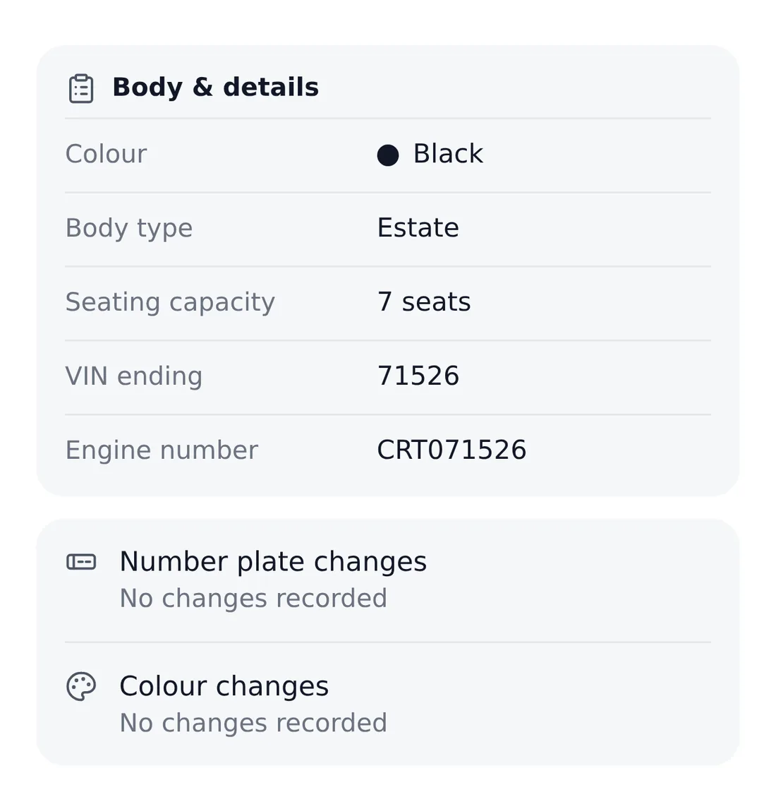 Vehicle details from an example report: colour, body, seats, the end of the VIN, the engine number, and plate and colour changes.