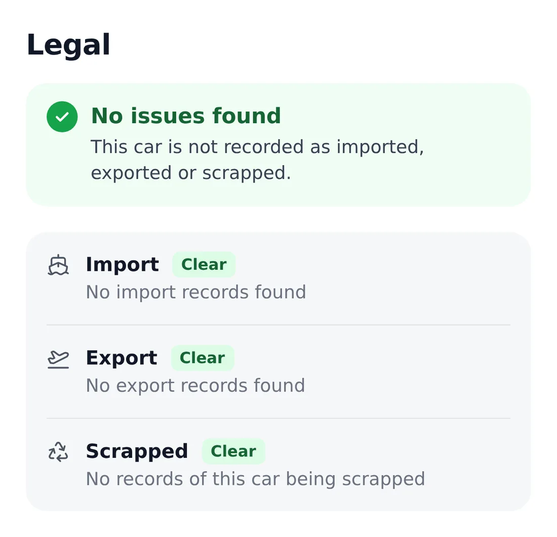 The Legal section of an example report: import, export and scrap checks.