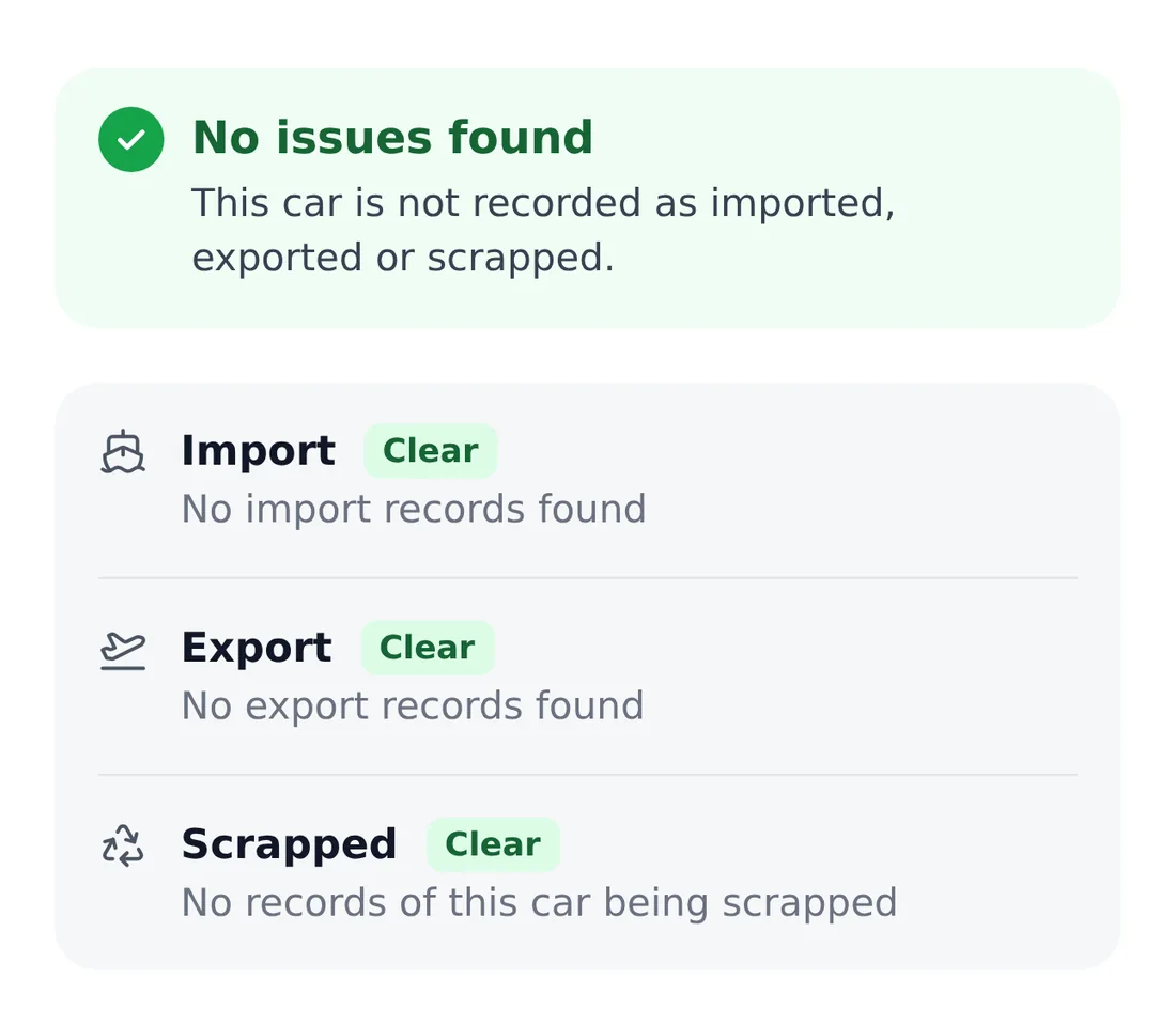 The Legal section of an example report: import, export and scrap checks.