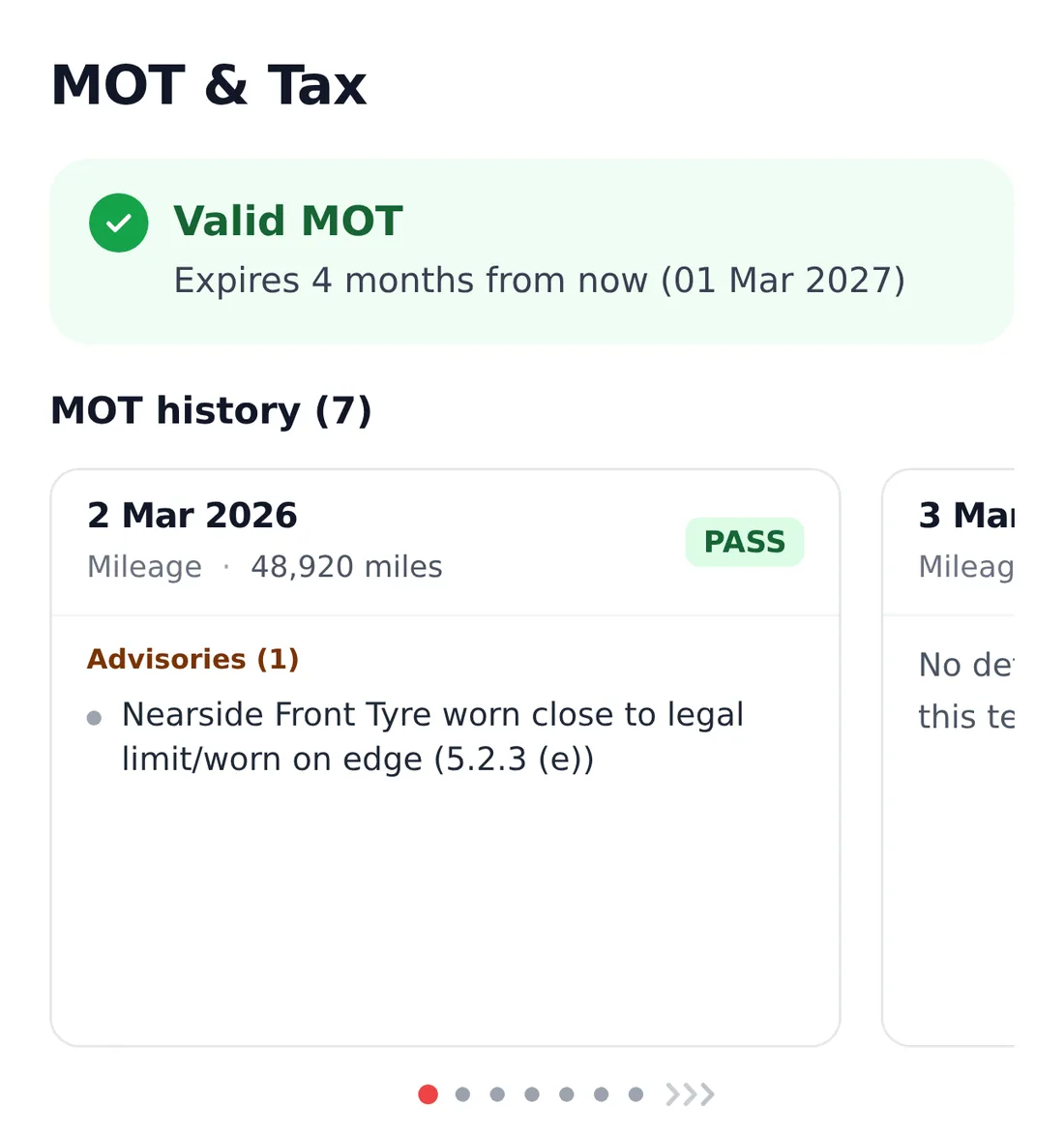 The MOT section of an example report: a valid MOT and the history of every test with its advisories.