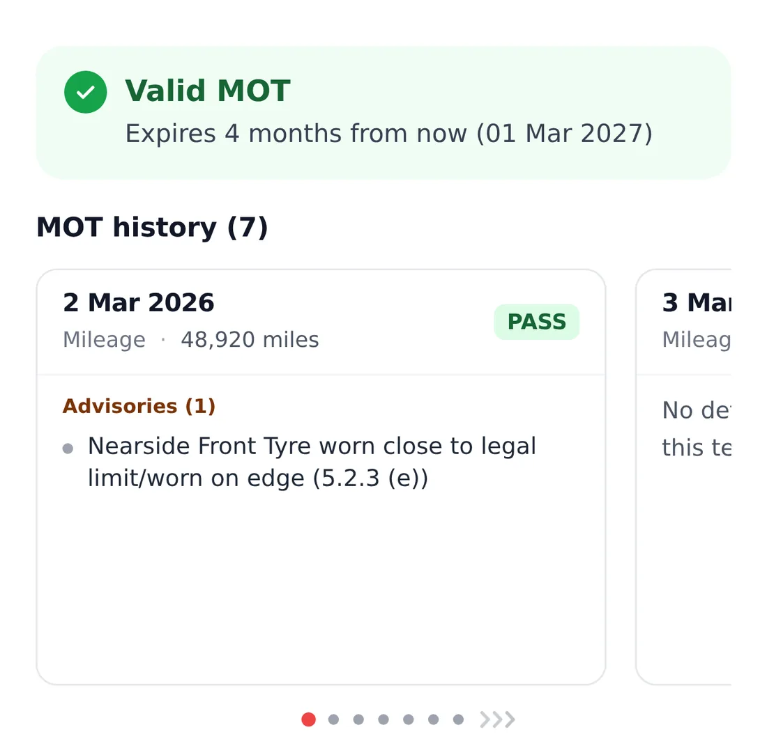 The MOT section of an example report: a valid MOT and the history of every test with its advisories.