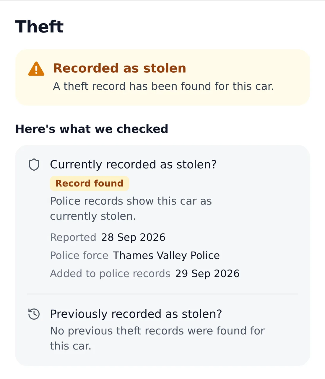 The Theft section of an example report: recorded as stolen, with the date it was reported and the police force.