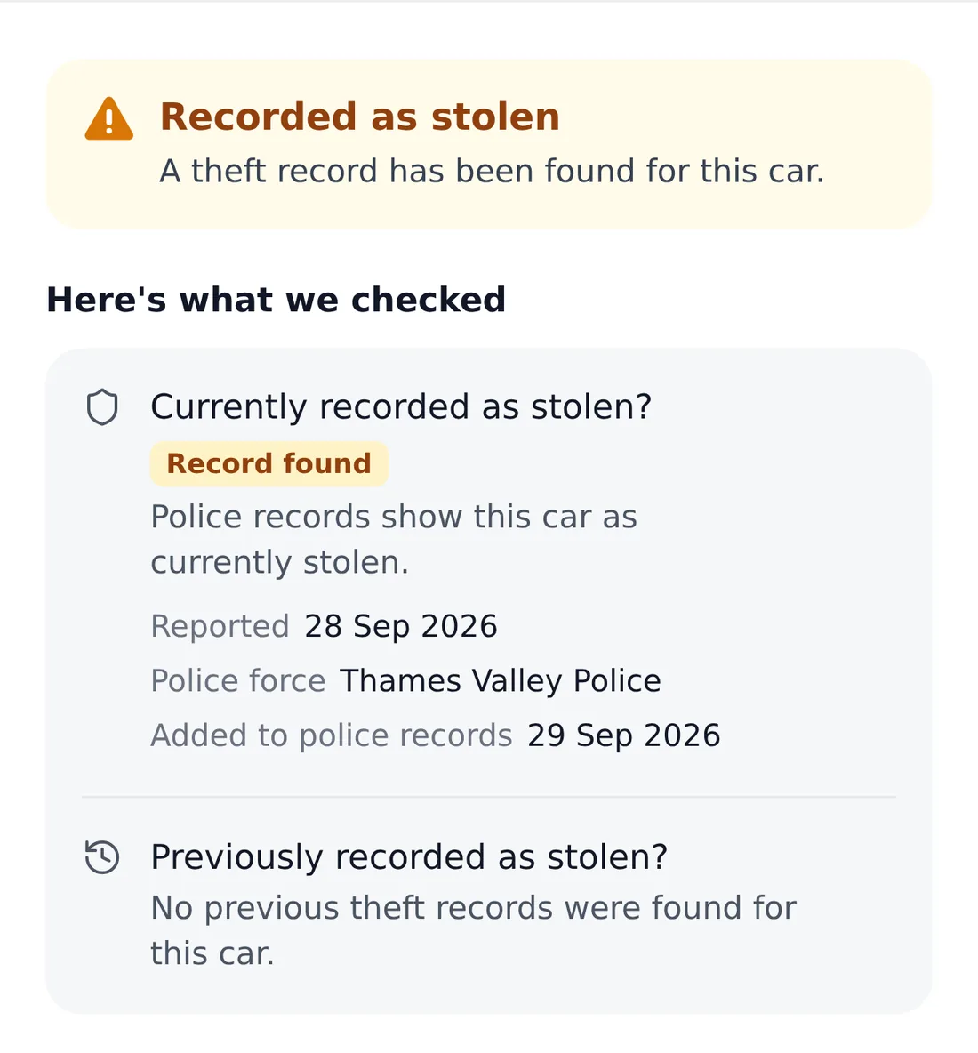 The Theft section of an example report: recorded as stolen, with the date it was reported and the police force.